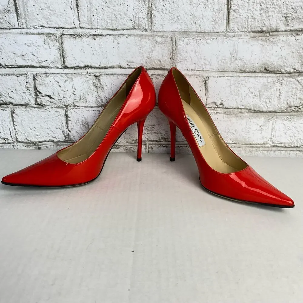 Jimmy Choo Heels Pumps Point Toe Stiletto Shoes Patent Leather Red 38 8 - Picture 8 of 15